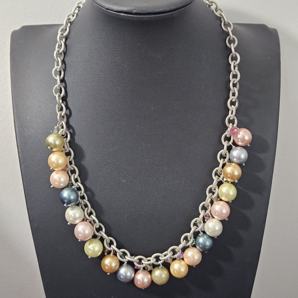 Sterling Silver Glass & Crystal Beaded Necklace Statement Boho 19" Adjustable